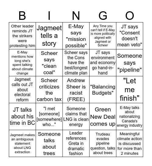 Federal Leader's Debate Bingo Card