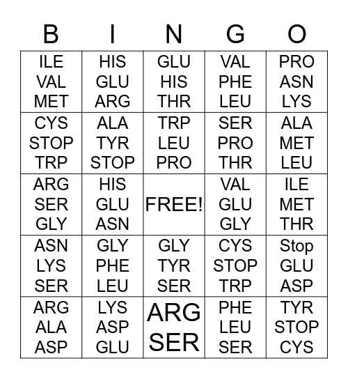 Protein synthesis Bingo Card