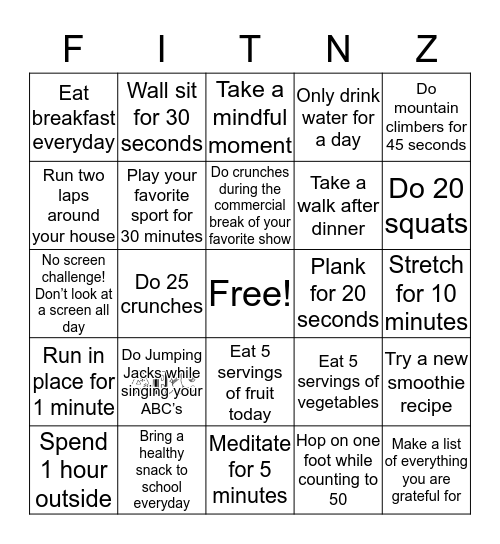 FITNZ Bingo Card
