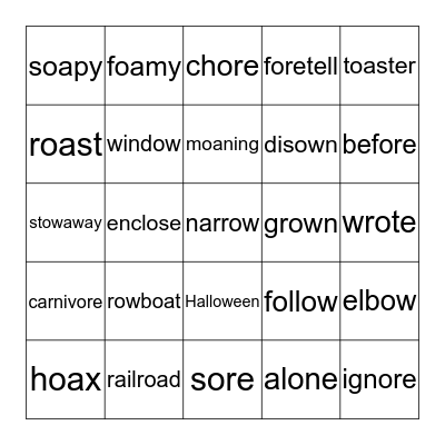 Sonday 1 Level 32 Review of Long O sounds o-e, ow as in blow, oa as in coat Bingo Card