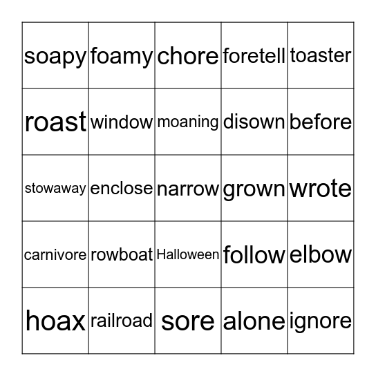 Sonday 1 Level 32 Review of Long O sounds o-e, ow as in blow, oa as in coat Bingo Card