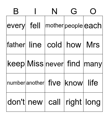 Iona's Word Bingo Card