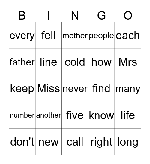 Iona's Word Bingo Card