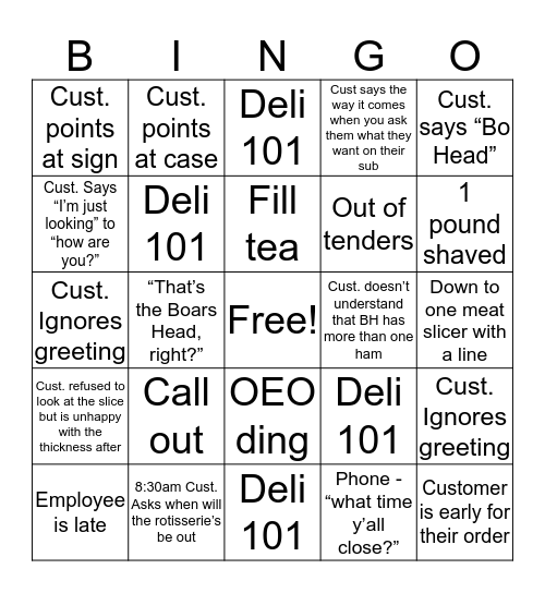 Deli Bingo Card