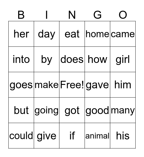 Power Words Bingo Card