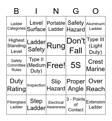 Ladder Safety Bingo Card