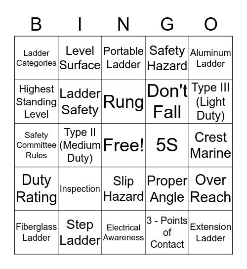 Ladder Safety Bingo Card
