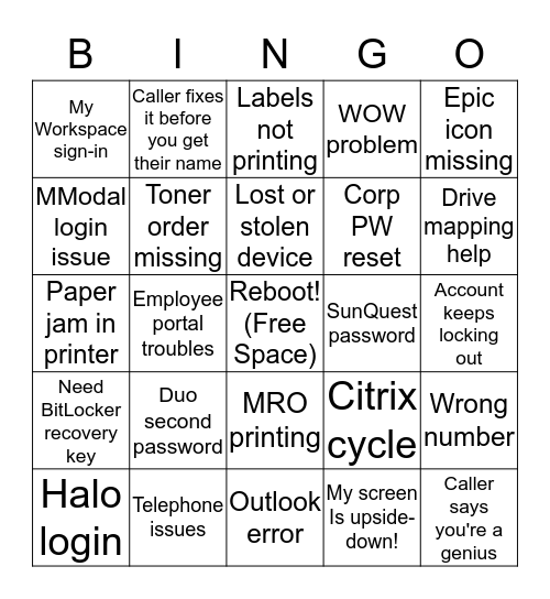 Help Desk Bingo Card