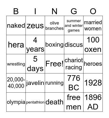 Ancient Greek Olympics Bingo Card