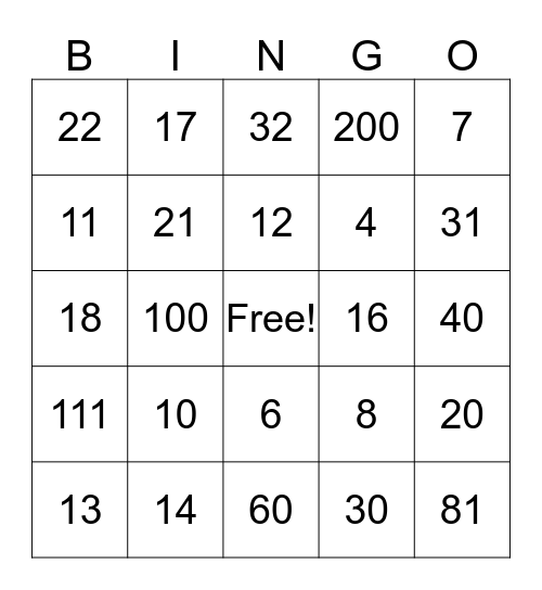 Addition/ Subtraction  Bingo Card
