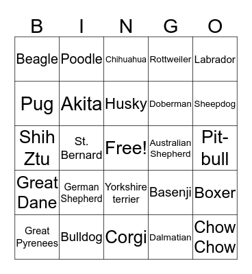 Dog Breeds Bingo Card