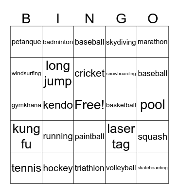 Sports Bingo Card