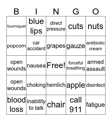 choking, heavy bleeding and heart attack  Bingo Card