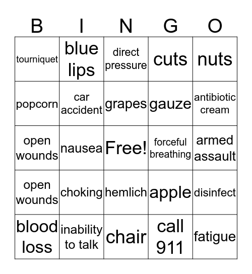 choking, heavy bleeding and heart attack  Bingo Card