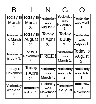 YESTERDAY-TODAY-TOMORROW Bingo Card