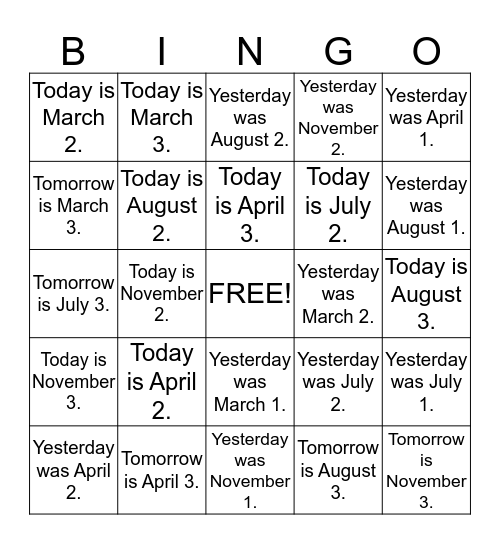 YESTERDAY-TODAY-TOMORROW Bingo Card