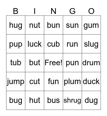 Short u Bingo Card