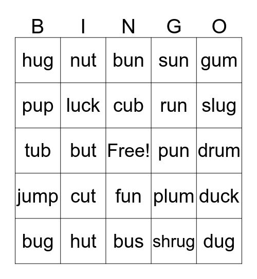 Short u Bingo Card