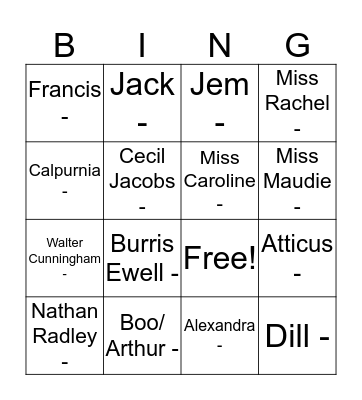TKAM Characters Bingo Card