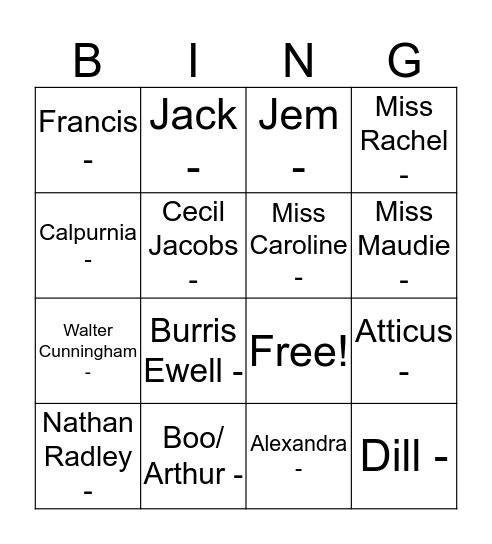 TKAM Characters Bingo Card