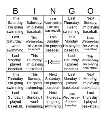 DAYS OF THE WEEK Bingo Card