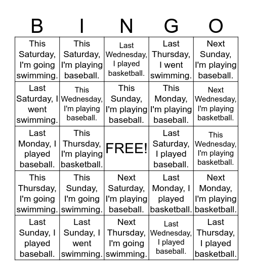 DAYS OF THE WEEK Bingo Card