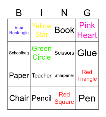 Classroom Objects, shapes and colours Bingo Card