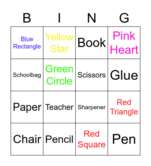 Classroom Objects, shapes and colours Bingo Card