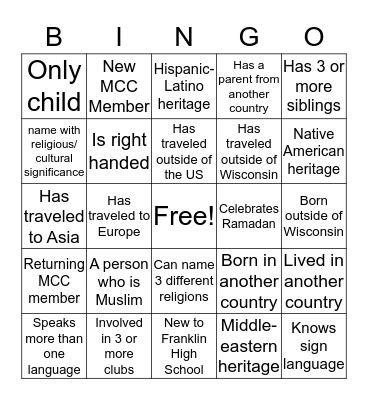 MULTICULTURAL BINGO Card