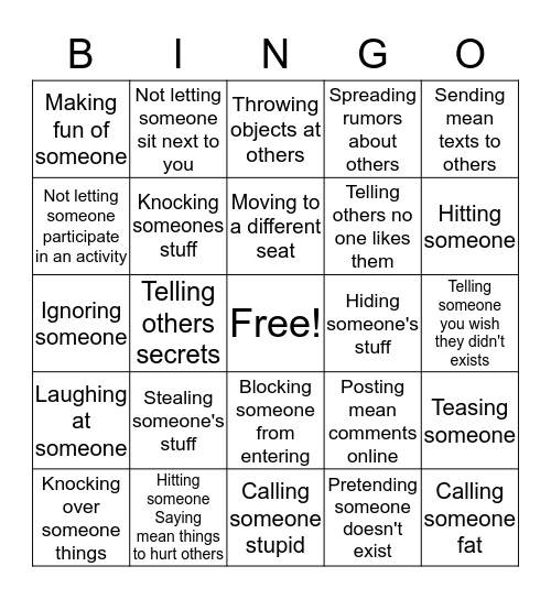 Anti-Bullying Bingo  Bingo Card