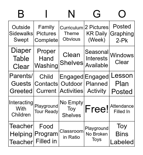 Childcare Network #249 Classroom Board Bingo Card