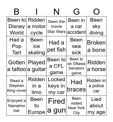 Never Have I Ever... Bingo Card
