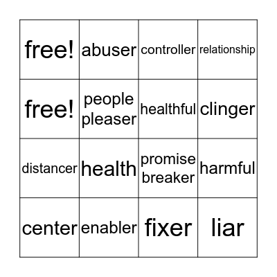 Harmful Ways of Relating Bingo Card