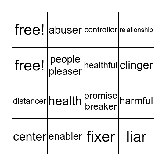 Harmful Ways of Relating Bingo Card