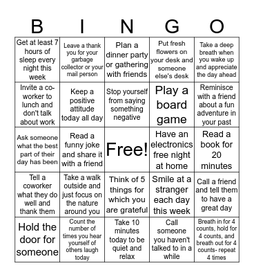 Week 3 Stress Less & Smile Bingo Card