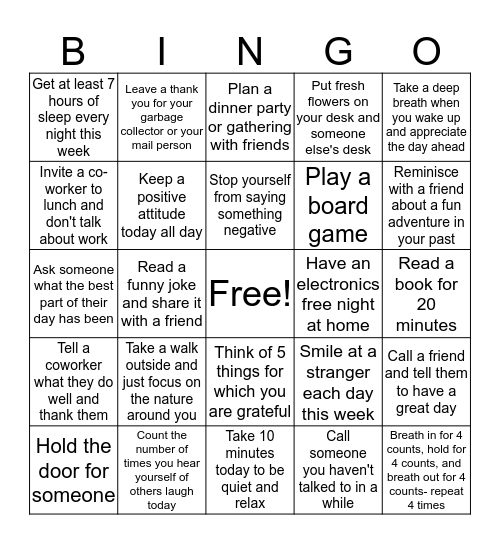 Week 3 Stress Less & Smile Bingo Card