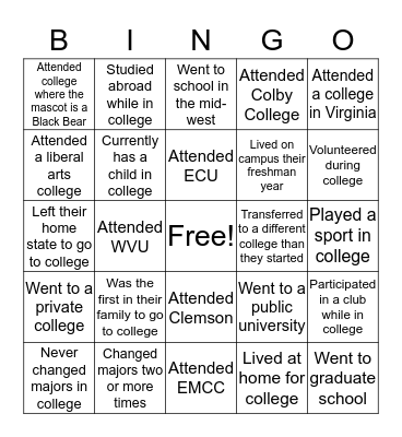 COLLEGE BINGO Card