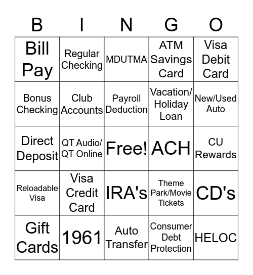 Credit Union Product Knowledge Bingo Card