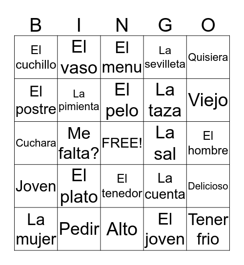 Vocabulario Bingo Card
