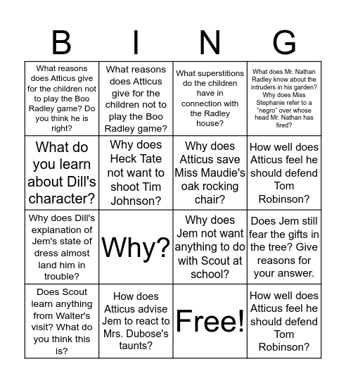 TKAM Study Guide Bingo Card