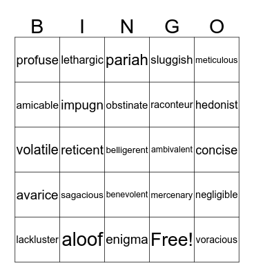 Vocabulary Bingo Card