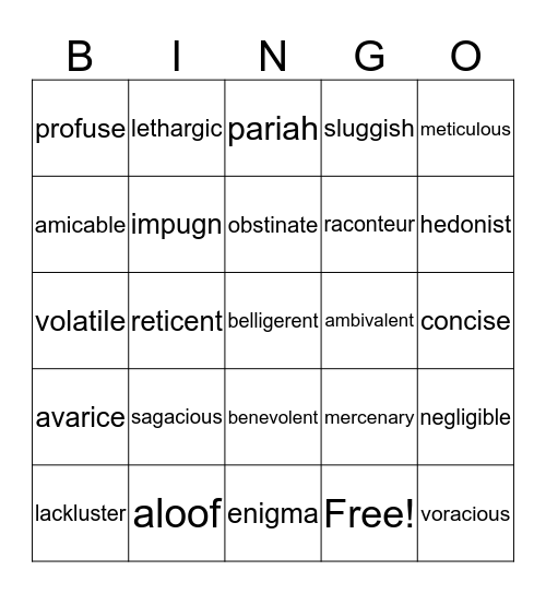 Vocabulary Bingo Card