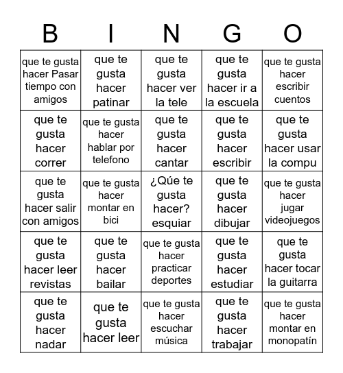 ¿Qué te gusta hacer? Realidades 1A Bingo Card