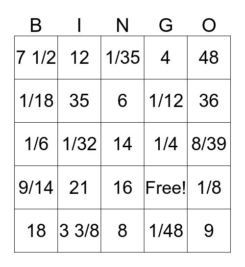 Division of Fractions Bingo Card