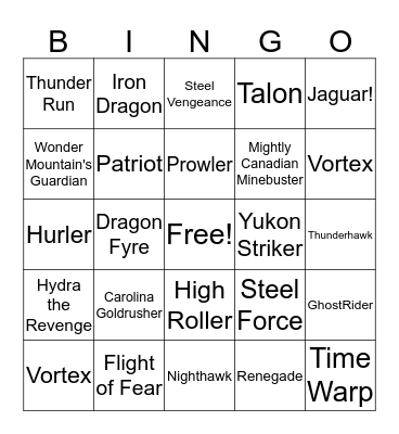 Roller Coaster Bingo Card