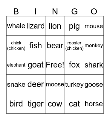 Animals (D - W - F) Bingo Card