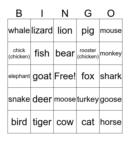 Animals (D - W - F) Bingo Card