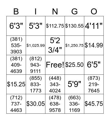 Heights, Phone Numbers & Money Bingo Card