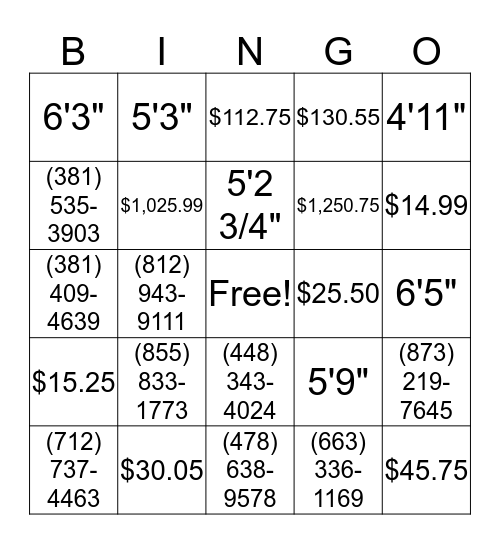 Heights, Phone Numbers & Money Bingo Card