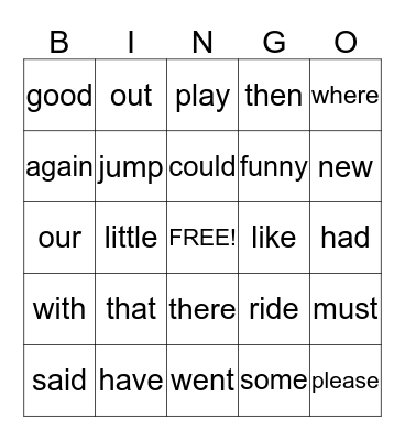 Sight word bingo Card
